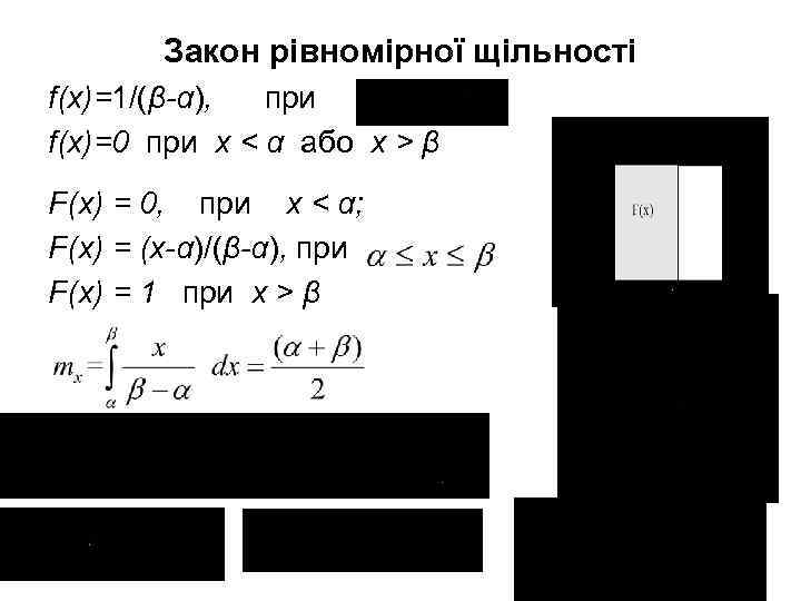 Закон рівномірної щільності f(х)=1/(β-α), при f(х)=0 при х < α або х > β