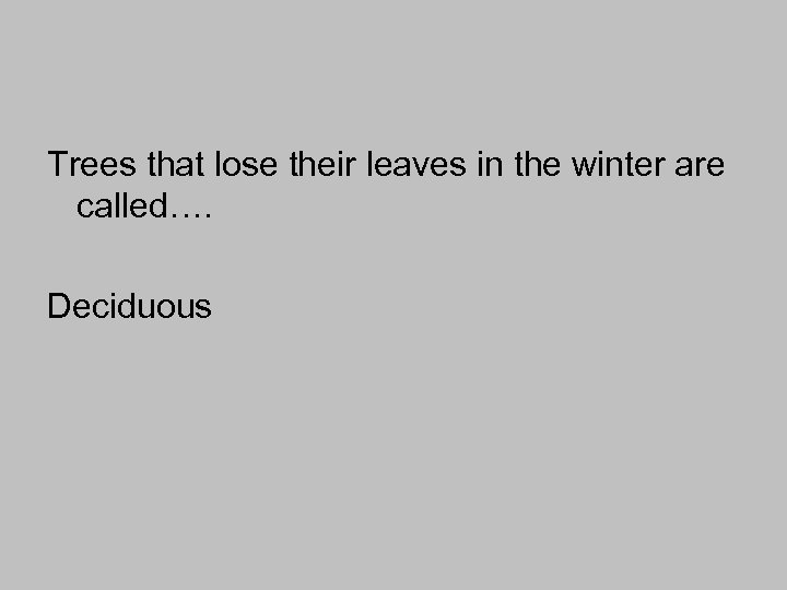 Trees that lose their leaves in the winter are called…. Deciduous 
