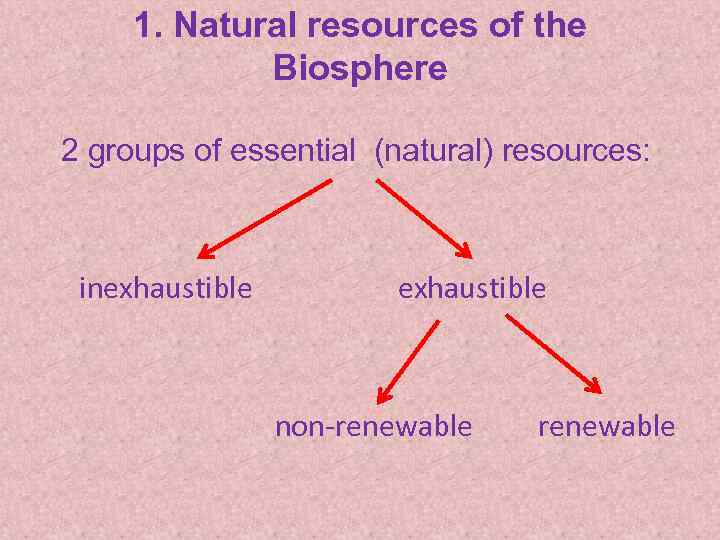 1. Natural resources of the Biosphere 2 groups of essential (natural) resources: inexhaustible non-renewable