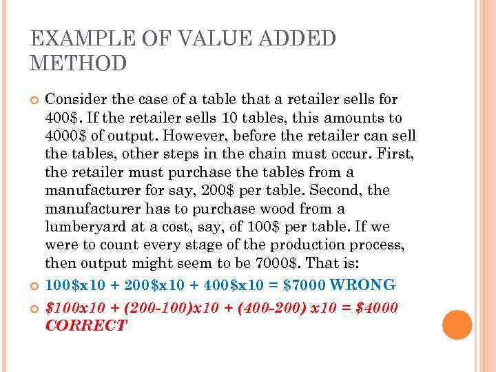 EXAMPLE OF VALUE ADDED METHOD Consider the case of a table that a retailer
