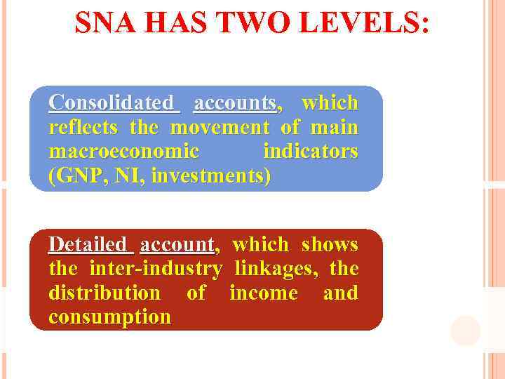 SNA HAS TWO LEVELS: Consolidated accounts, which reflects the movement of main macroeconomic indicators