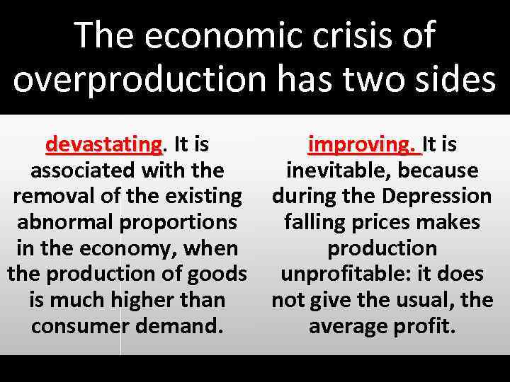 The economic crisis of overproduction has two sides devastating. It is improving. It is