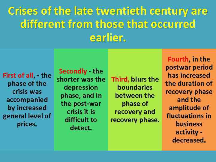 Crises of the late twentieth century are different from those that occurred earlier. Fourth,