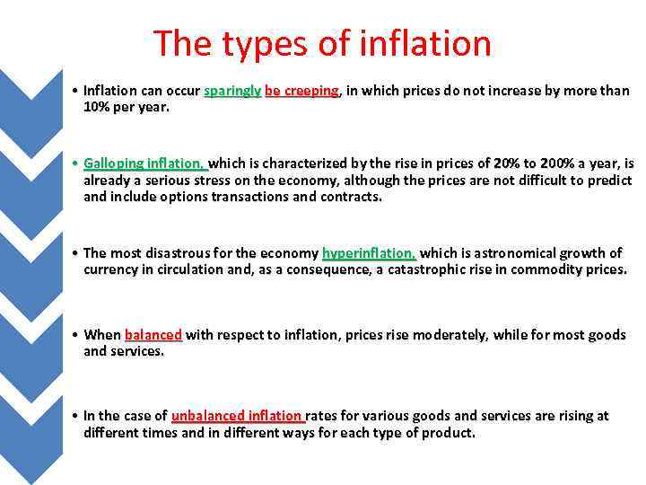 The types of inflation • Inflation can occur sparingly be creeping, in which prices