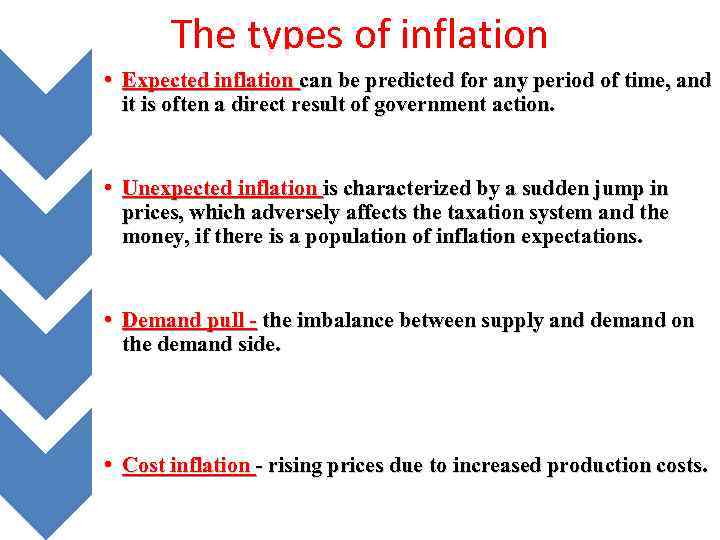 The types of inflation • Expected inflation can be predicted for any period of
