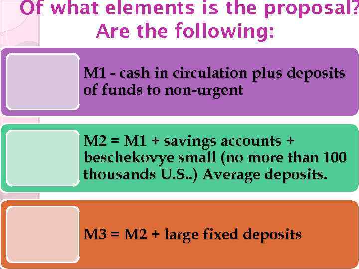 Of what elements is the proposal? Are the following: M 1 - cash in