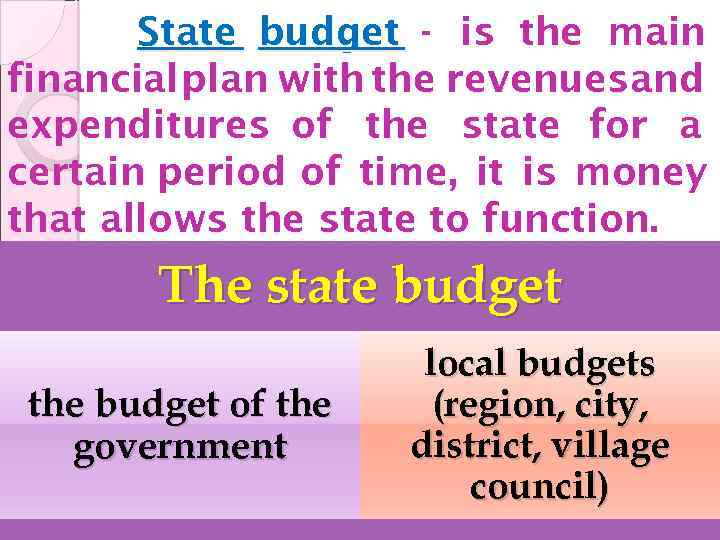 State budget - is the main financial plan with the revenues and expenditures of