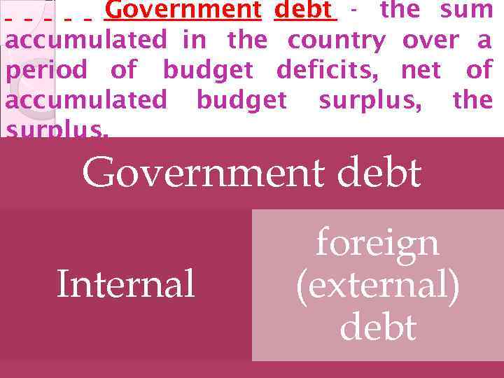 Government debt - the sum accumulated in the country over a period of budget
