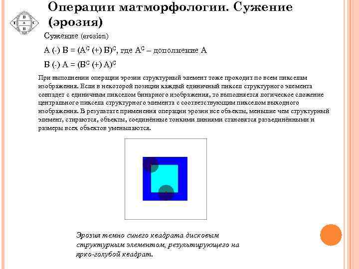 Операции матморфологии. Сужение (эрозия) Сужение (erosion) A (-) B = (AC (+) B)С, где