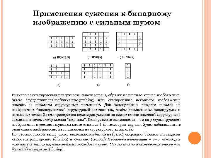 Применения сужения к бинарному изображению с сильным шумом Вначале результирующая поверхность заполняется 0, образуя