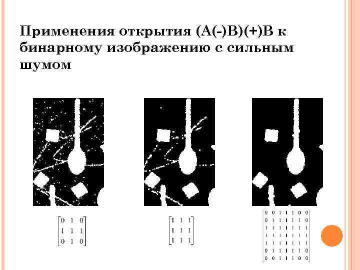 Применения открытия (A(-)B)(+)B к бинарному изображению с сильным шумом 