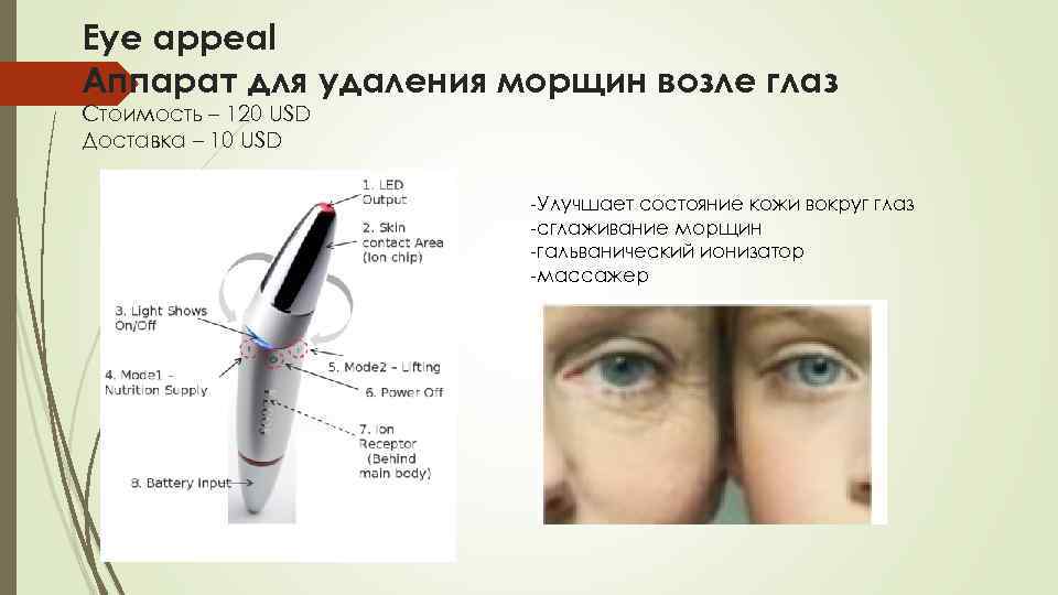 Eye appeal Аппарат для удаления морщин возле глаз Cтоимость – 120 USD Доставка –