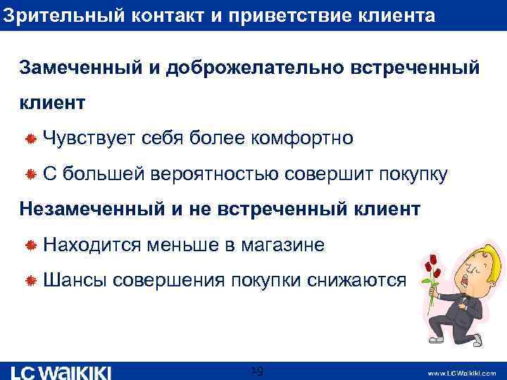 Зрительный контакт и приветствие клиента Замеченный и доброжелательно встреченный клиент Чувствует себя более комфортно