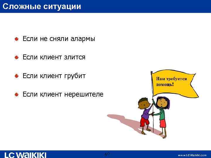 Сложные ситуации Если не сняли алармы Если клиент злится Если клиент грубит Если клиент