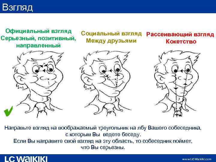 Взгляд Официальный взгляд Социальный взгляд Рассеивающий взгляд Серьезный, позитивный, Между друзьями Кокетство направленный Направьте