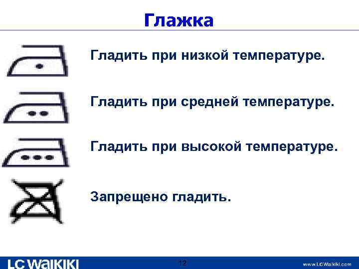 Глажка Гладить при низкой температуре. Гладить при средней температуре. Гладить при высокой температуре. Запрещено