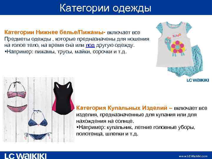 Категории одежды Категории Нижнее белье/Пижамы- включает все Предметы одежды , которые предназначены для ношения