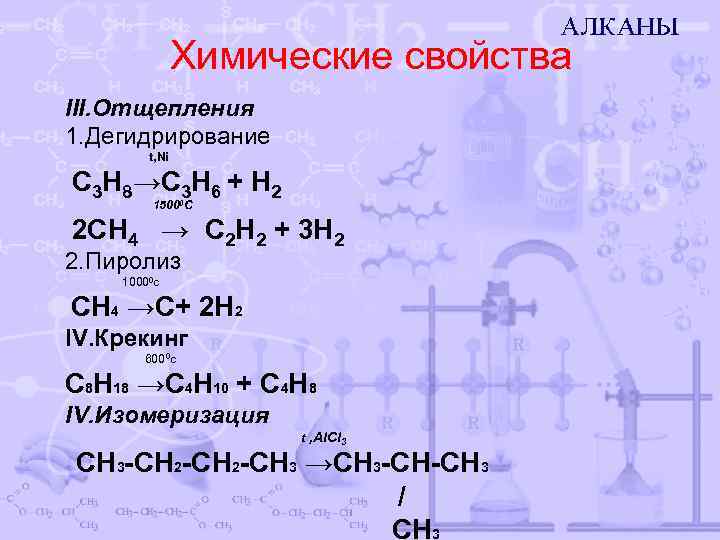 Химические свойства III. Отщепления 1. Дегидрирование t, Ni С 3 Н 8→С 3 Н