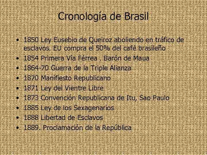 Cronología de Brasil • 1850 Ley Eusebio de Queiroz aboliendo en tráfico de esclavos.