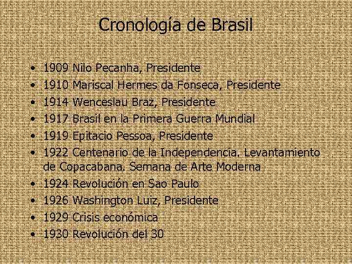 Cronología de Brasil • • • 1909 Nilo Pecanha, Presidente 1910 Mariscal Hermes da