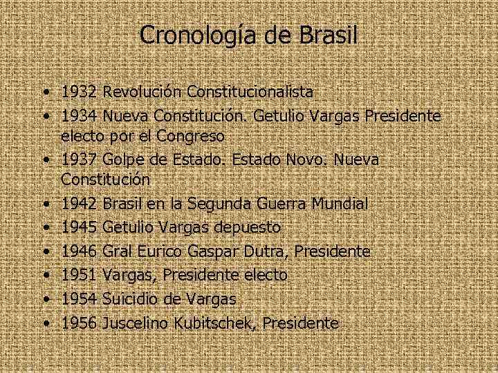 Cronología de Brasil • 1932 Revolución Constitucionalista • 1934 Nueva Constitución. Getulio Vargas Presidente