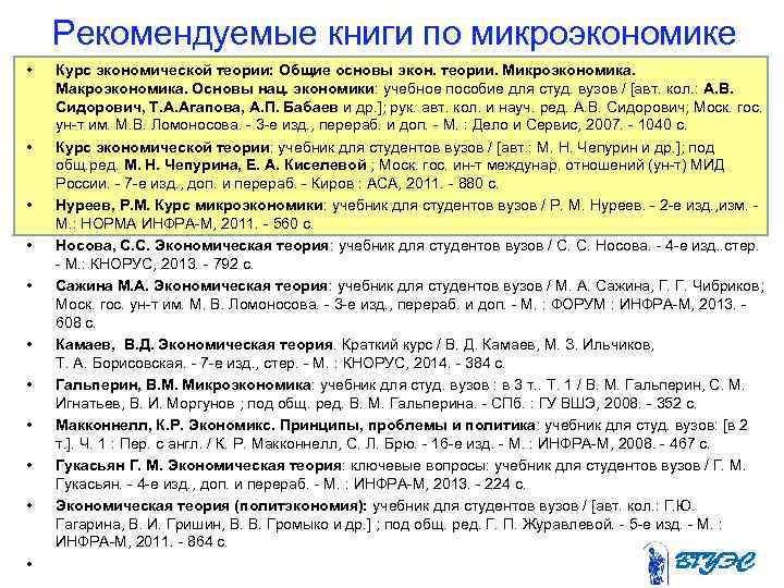 Рекомендуемые книги по микроэкономике • • • Курс экономической теории: Общие основы экон. теории.