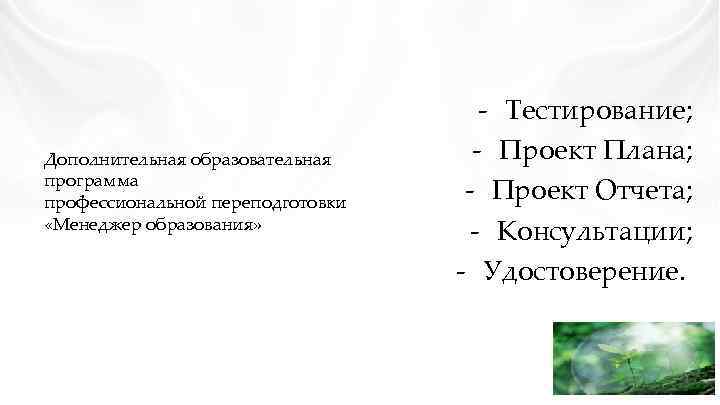  Дополнительная образовательная программа профессиональной переподготовки «Менеджер образования» - Тестирование; - Проект Плана; -