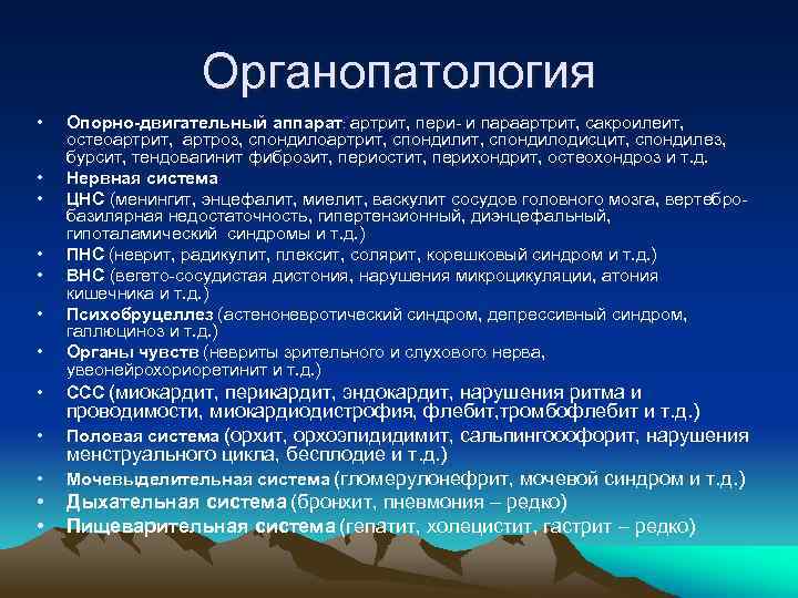 Органопатология • • • Опорно-двигательный аппарат: артрит, пери- и параартрит, сакроилеит, остеоартрит, артроз, спондилоартрит,