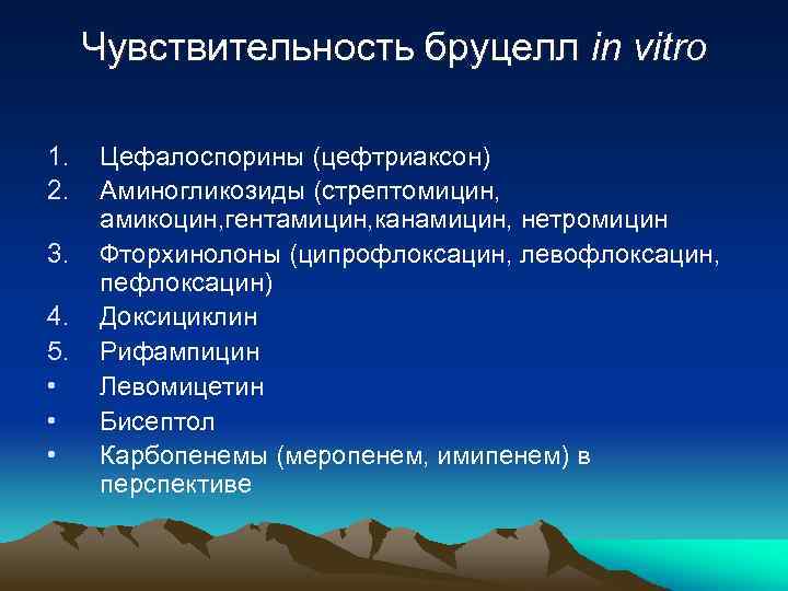 Чувствительность бруцелл in vitro 1. 2. 3. 4. 5. • • • Цефалоспорины (цефтриаксон)