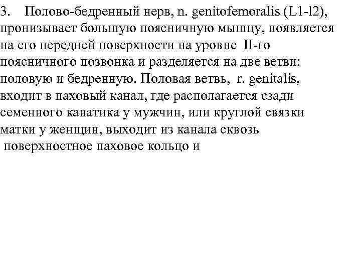3. Полово-бедренный нерв, n. genitofemoralis (L 1 -l 2), пронизывает большую поясничную мышцу, появляется