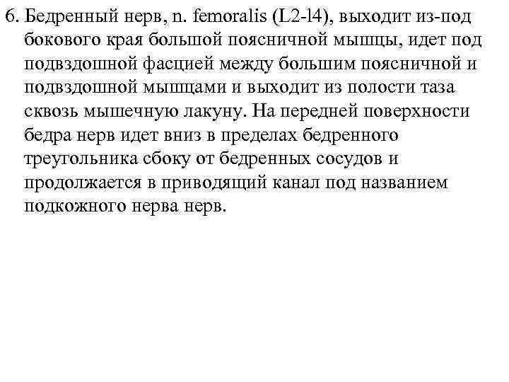 6. Бедренный нерв, n. femoralis (L 2 -l 4), выходит из-под бокового края большой