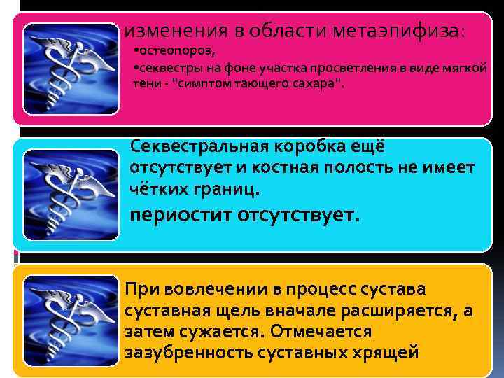 изменения в области метаэпифиза: • остеопороз, • секвестры на фоне участка просветления в виде