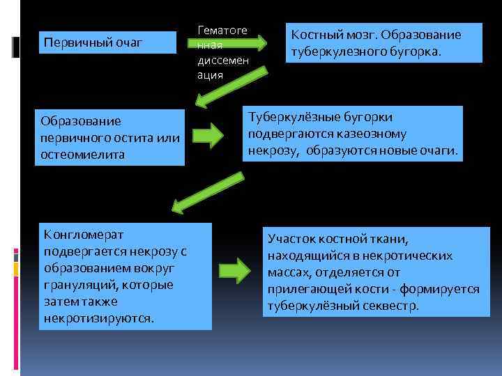 Первичный очаг Образование первичного остита или остеомиелита Конгломерат подвергается некрозу с образованием вокруг грануляций,