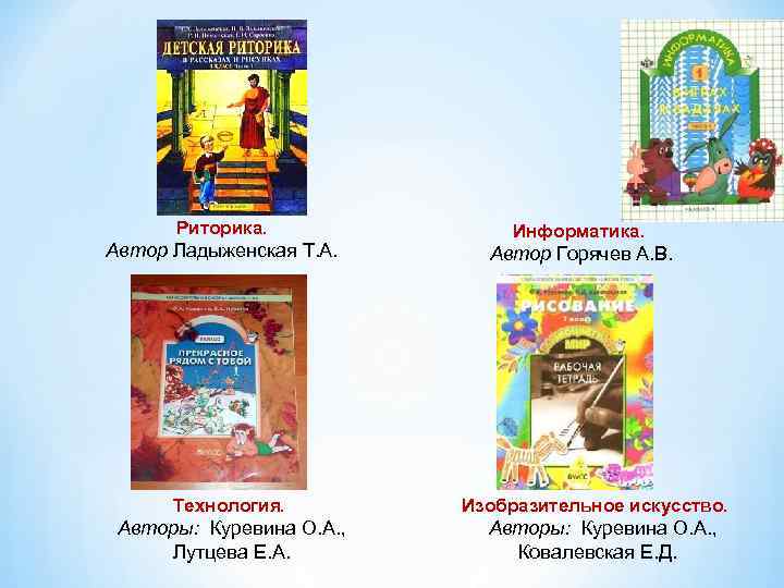 Риторика. Автор Ладыженская Т. А. Информатика. Автор Горячев А. В. Технология. Изобразительное искусство. Авторы:
