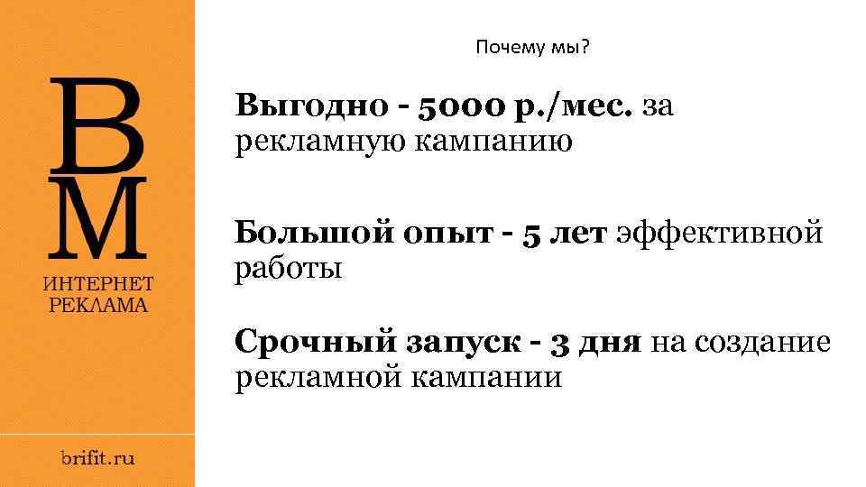 Почему мы? Выгодно - 5000 р. /мес. за рекламную кампанию Большой опыт - 5