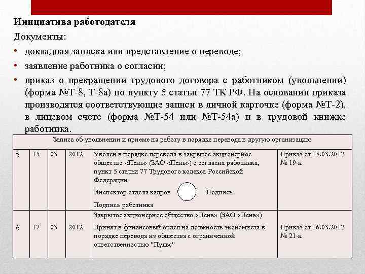 Инициатива работодателя Документы: • докладная записка или представление о переводе; • заявление работника о