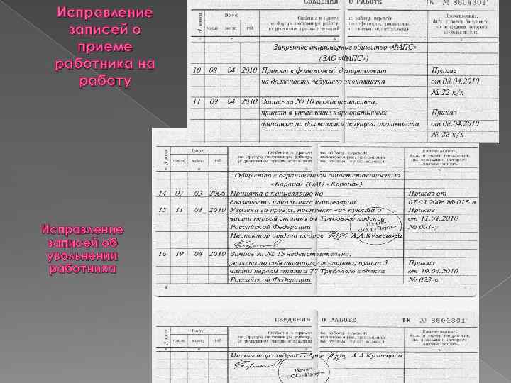 Исправление записей о приеме работника на работу Исправление записей об увольнении работника 