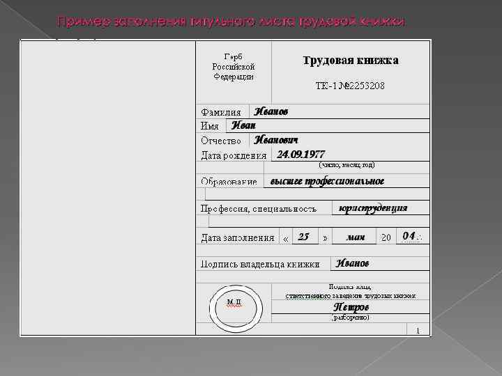 Пример заполнения титульного листа трудовой книжки 