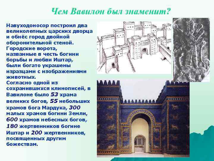 Чем Вавилон был знаменит? Навуходоносор построил два великолепных царских дворца и обнёс город двойной