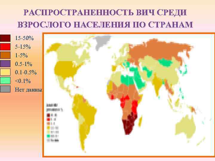 РАСПРОСТРАНЕННОСТЬ ВИЧ СРЕДИ ВЗРОСЛОГО НАСЕЛЕНИЯ ПО СТРАНАМ 15 -50% 5 -15% 1 -5% 0.