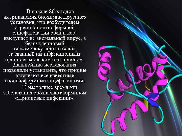 В начале 80 -х годов американских биохимик Прузинер установил, что возбудителем скрепи (спонгиоформной энцефалопатии