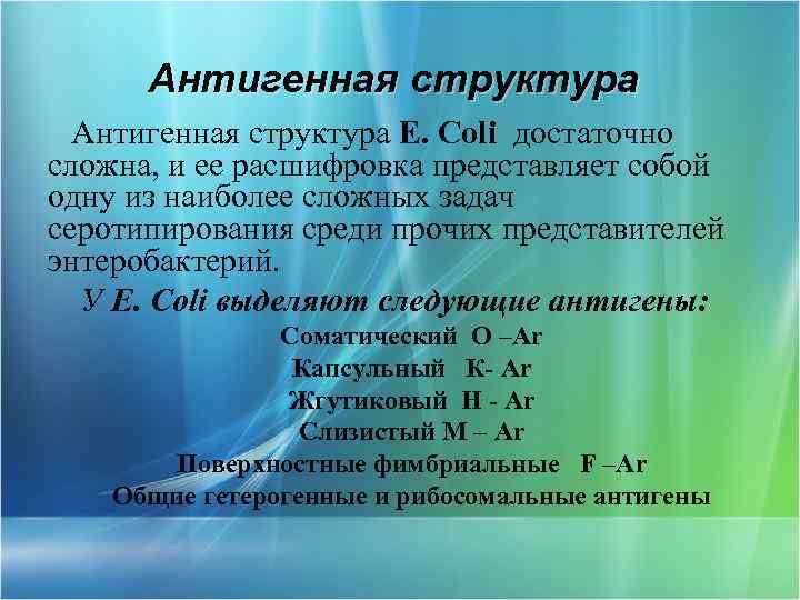 Антигенная структура E. Coli достаточно сложна, и ее расшифровка представляет собой одну из наиболее