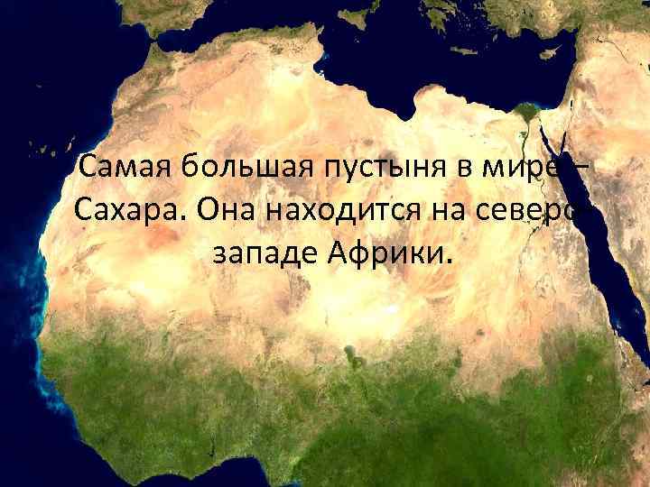 Самая большая пустыня в мире – Сахара. Она находится на северозападе Африки. 