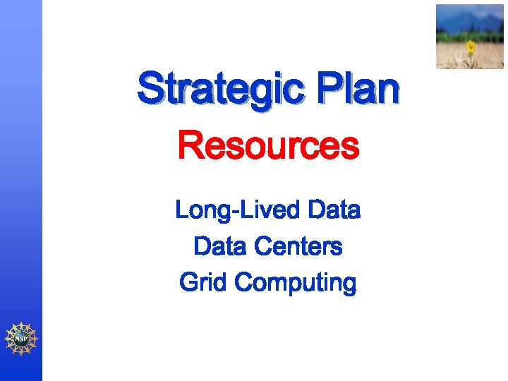Strategic Plan Resources Long-Lived Data Centers Grid Computing 