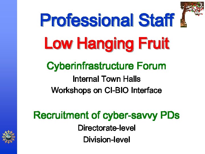 Professional Staff Low Hanging Fruit Cyberinfrastructure Forum Internal Town Halls Workshops on CI-BIO Interface