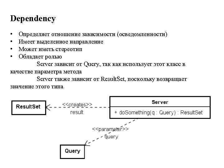 Dependency • • Определяет отношение зависимости (осведомленности) Имеет выделенное направление Может иметь стереотип Обладает