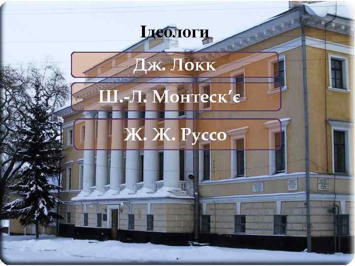 Ідеологи Дж. Локк Ш. -Л. Монтеск’є Ж. Ж. Руссо 