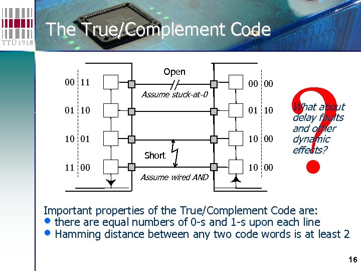 The True/Complement Code 00 11 Open 00 00 Assume stuck-at-0 01 10 10 01