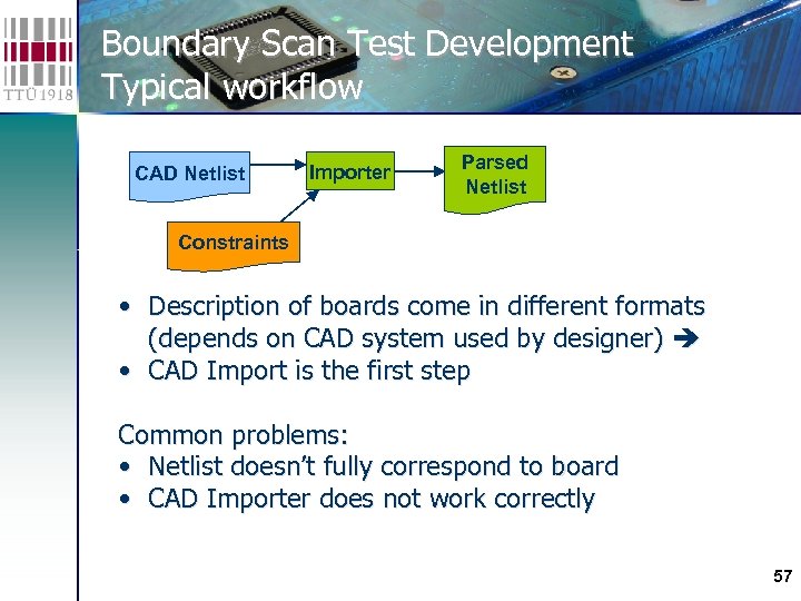 Boundary Scan Test Development Typical workflow CAD Netlist Importer Parsed Netlist Constraints • Description