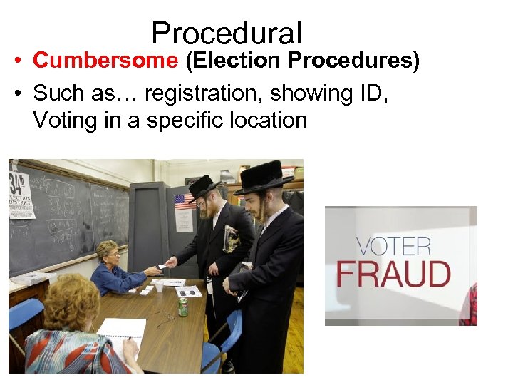 Procedural • Cumbersome (Election Procedures) • Such as… registration, showing ID, Voting in a